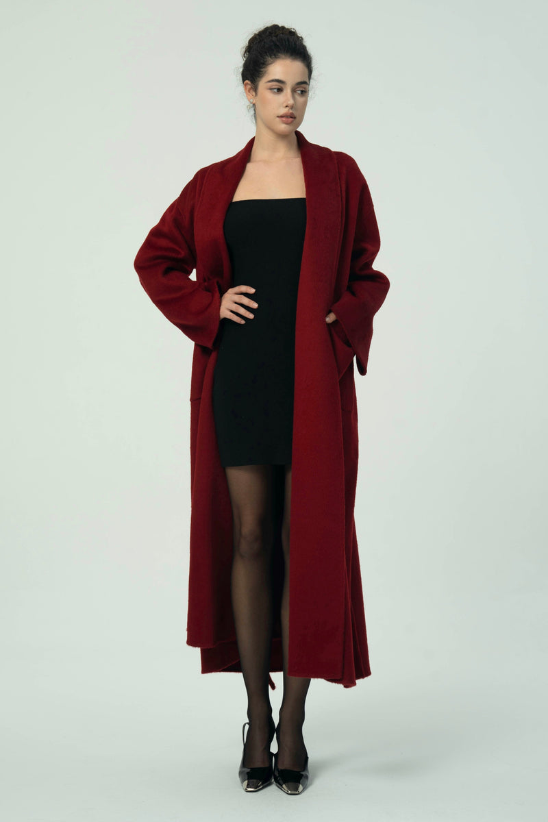 Luxurious Deep Red Belted Wool Coat with Oversized Fit