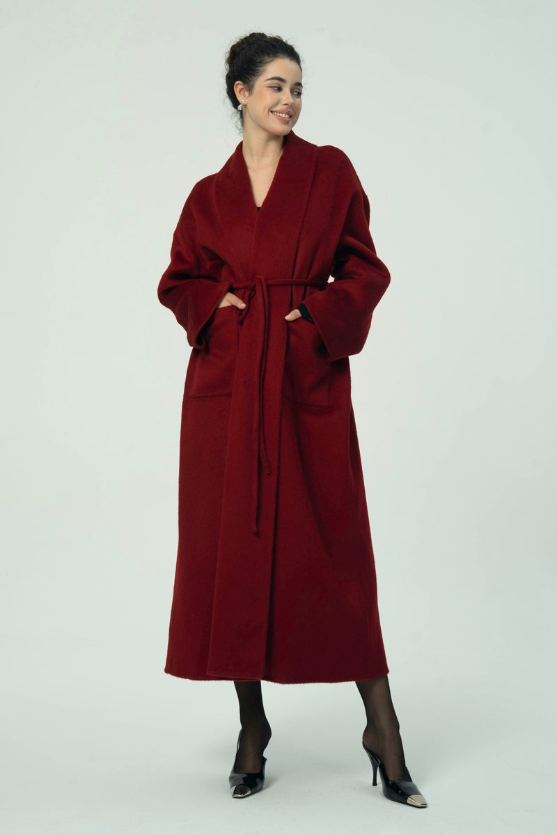 Luxurious Deep Red Belted Wool Coat with Oversized Fit