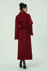 Luxurious Deep Red Belted Wool Coat with Oversized Fit