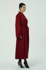 Luxurious Deep Red Belted Wool Coat with Oversized Fit