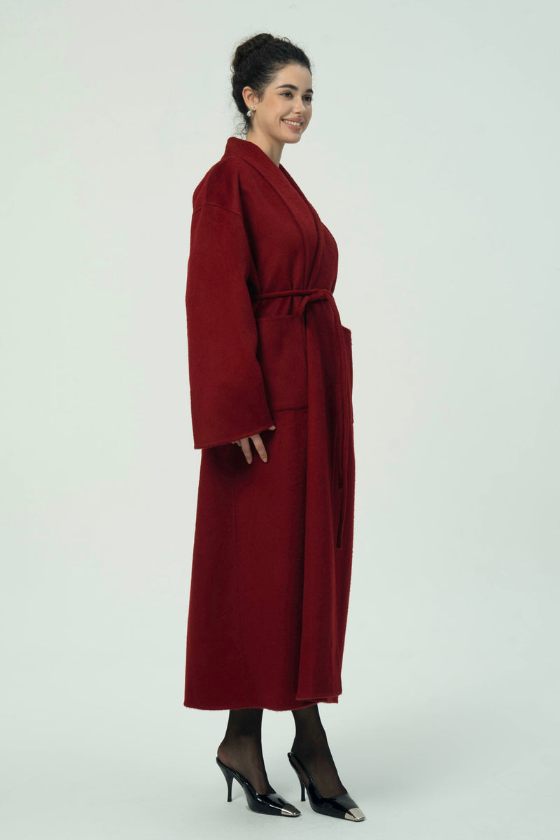 Luxurious Deep Red Belted Wool Coat with Oversized Fit