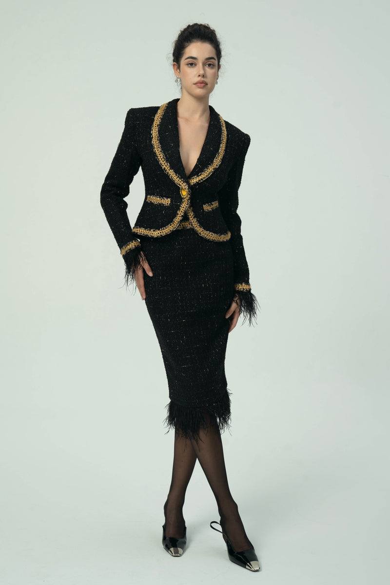 Black Tweed Blazer and Skirt Set with Gold Trim and Feather Detailing