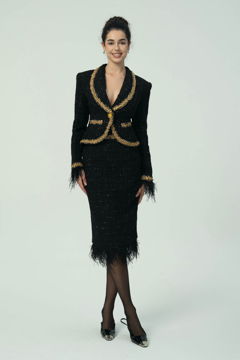 Black Tweed Blazer and Skirt Set with Gold Trim and Feather Detailing