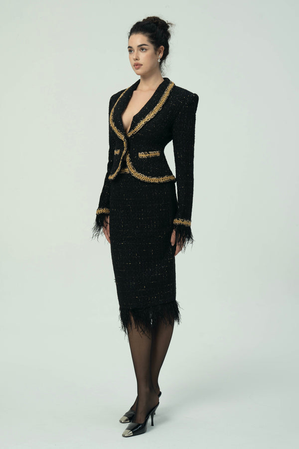 Black Tweed Blazer and Skirt Set with Gold Trim and Feather Detailing