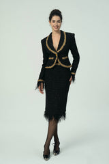 Black Tweed Blazer and Skirt Set with Gold Trim and Feather Detailing