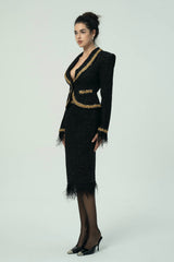 Black Tweed Blazer and Skirt Set with Gold Trim and Feather Detailing