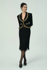 Black Tweed Blazer and Skirt Set with Gold Trim and Feather Detailing