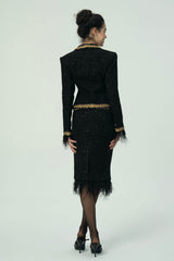 Black Tweed Blazer and Skirt Set with Gold Trim and Feather Detailing