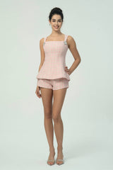 Elegant Pink Tweed Short Set with Double Bow Back Detail