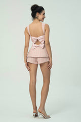 Elegant Pink Tweed Short Set with Double Bow Back Detail