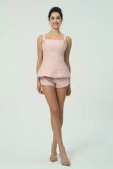 Elegant Pink Tweed Short Set with Double Bow Back Detail