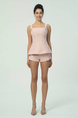 Elegant Pink Tweed Short Set with Double Bow Back Detail