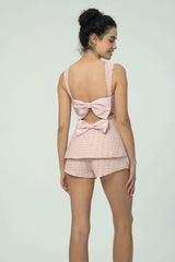 Elegant Pink Tweed Short Set with Double Bow Back Detail