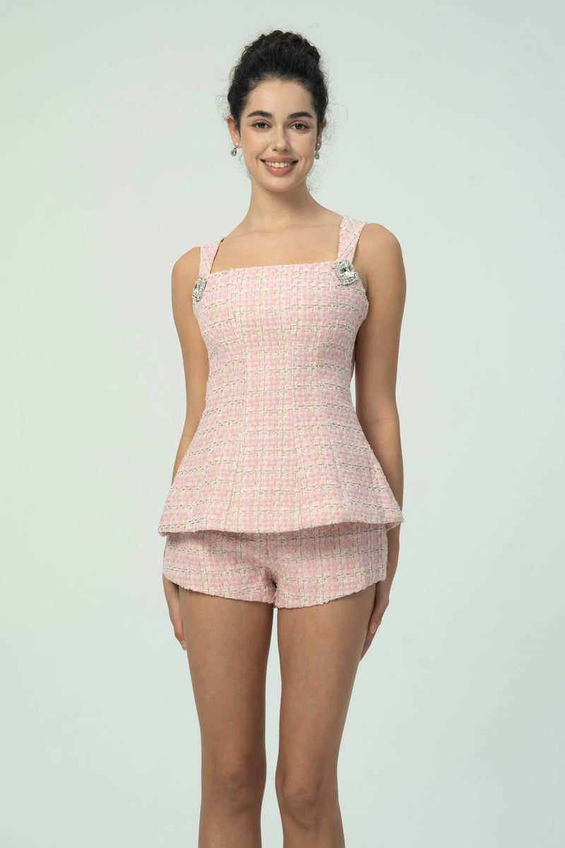 Elegant Pink Tweed Short Set with Double Bow Back Detail