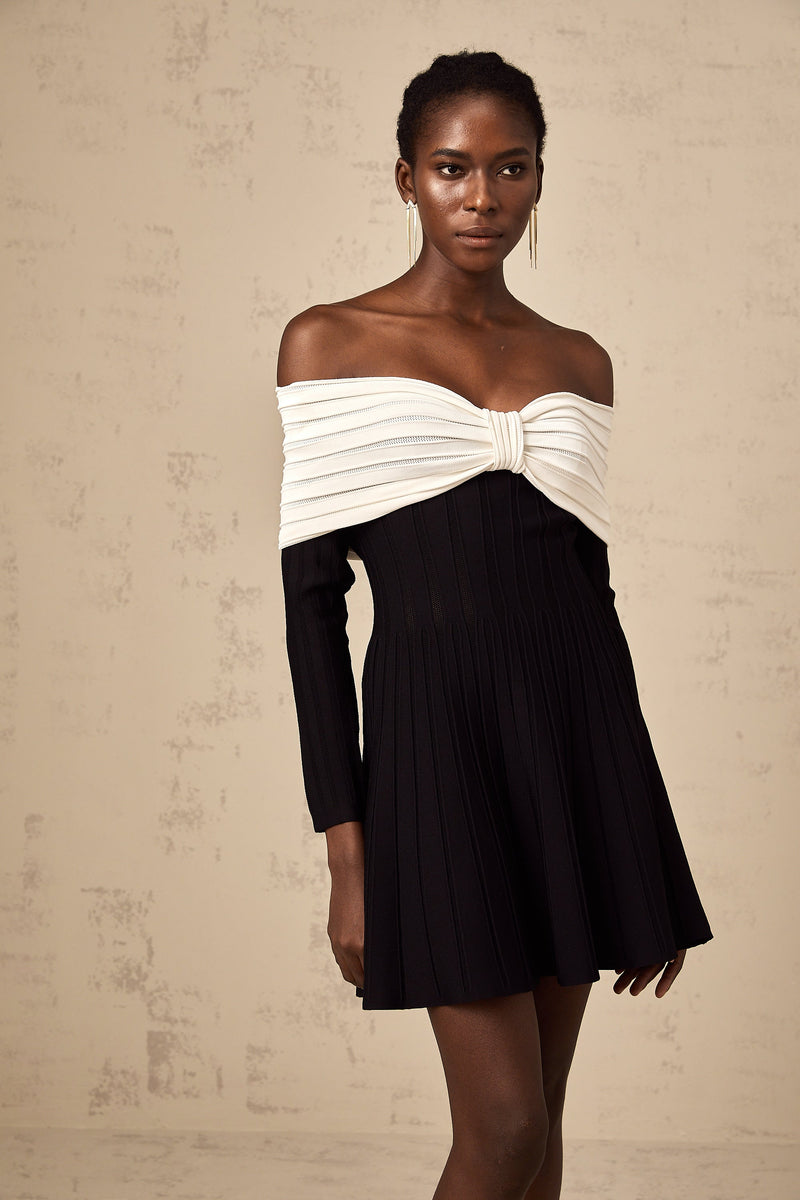 Justine black off-shoulder bow knit mini dress