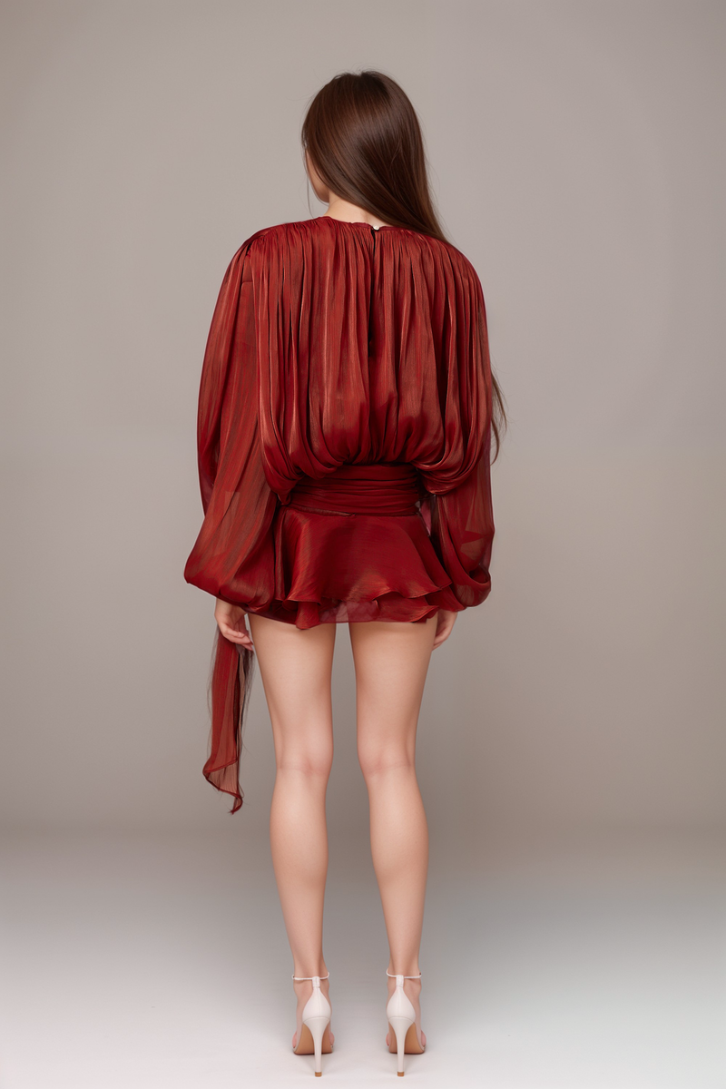 fully-pleated ruffled mini dress in Red