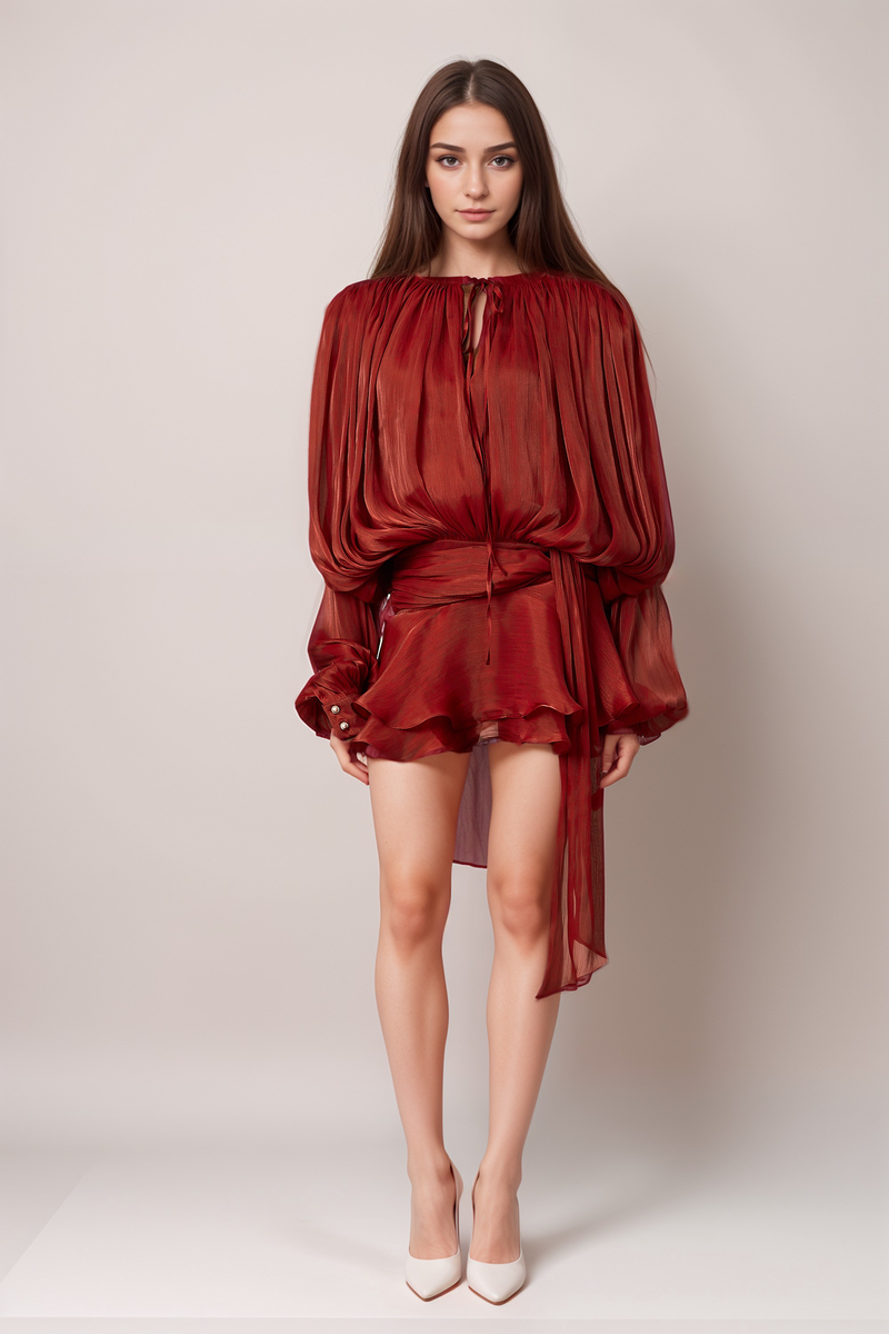 fully-pleated ruffled mini dress in Red