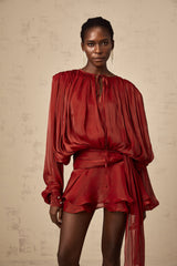 Eugénie fully-pleated ruffled mini dress in Red