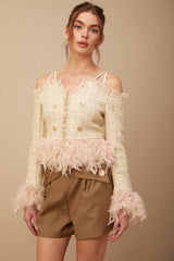 Laetiecia off-shoulder feather-trim tweed top