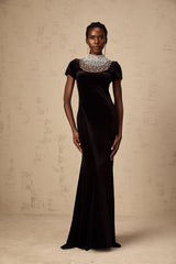 Kristin black faux-pearl embellished velvet maxi dress