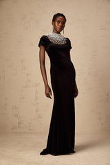 Kristin black faux-pearl embellished velvet maxi dress