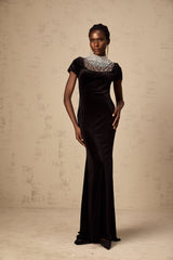 Kristin black faux-pearl embellished velvet maxi dress