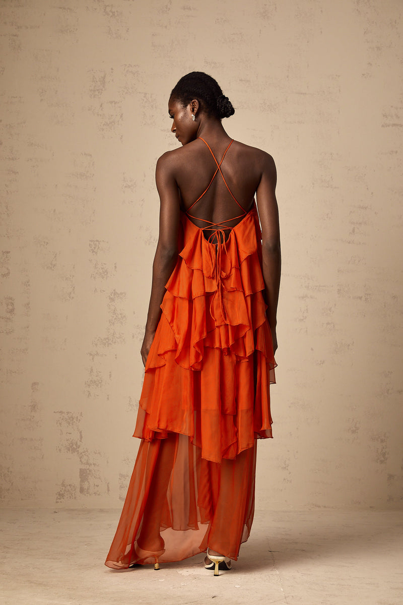 Carrie orange halterneck flounced maxi dress