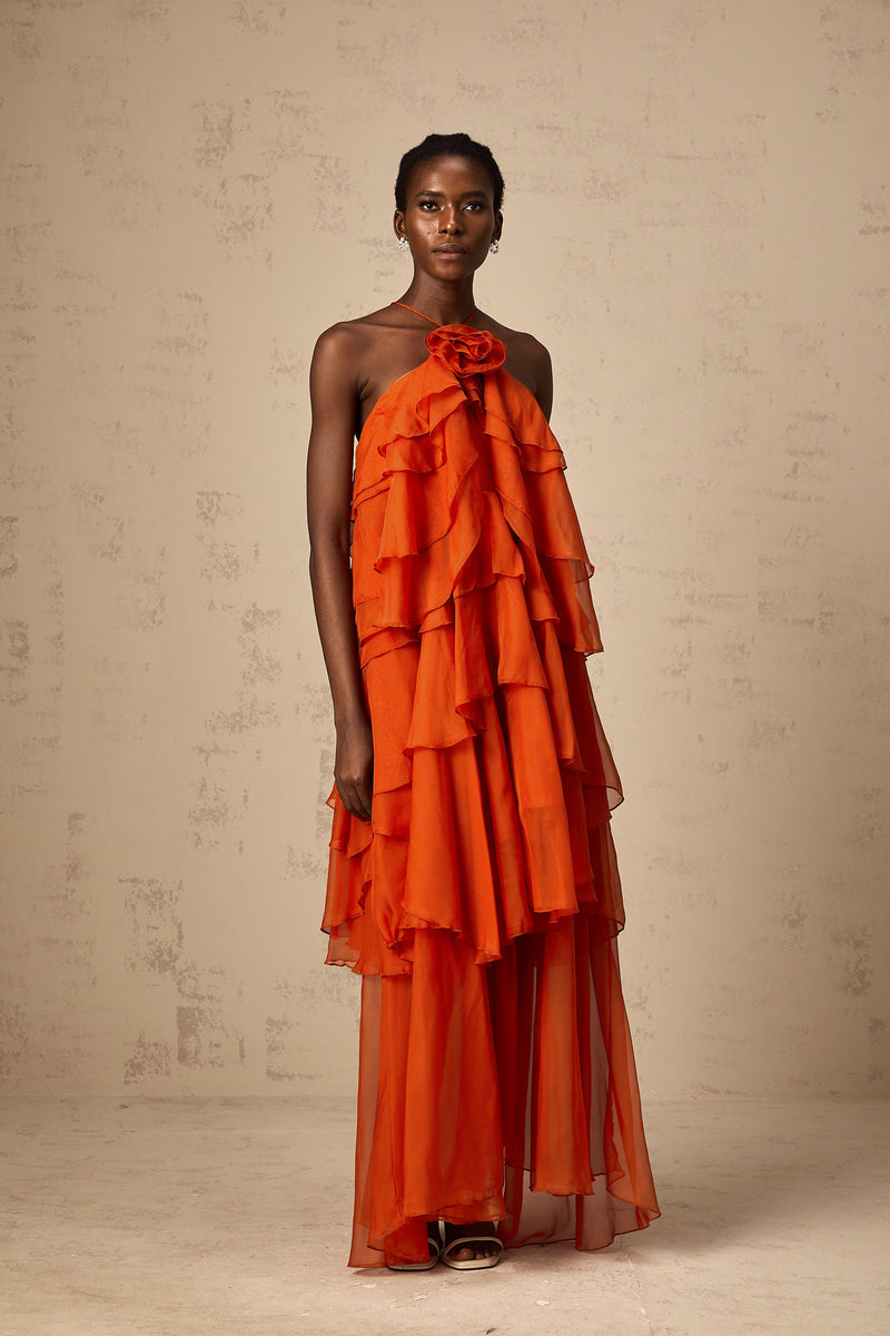 Carrie orange halterneck flounced maxi dress