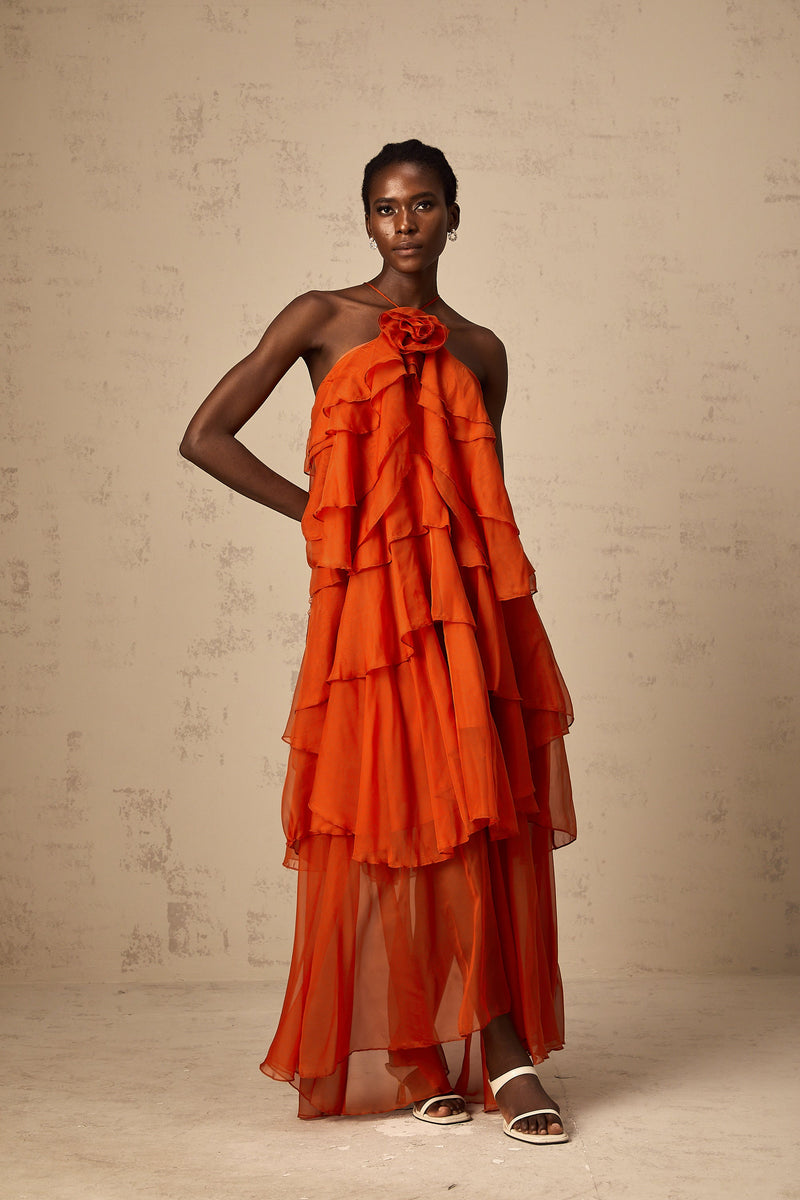 Carrie orange halterneck flounced maxi dress