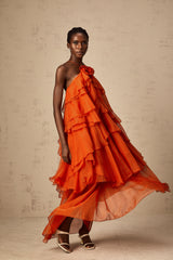 Carrie orange halterneck flounced maxi dress