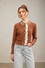 Elisabetta brown embellished ruffled knit cardigan