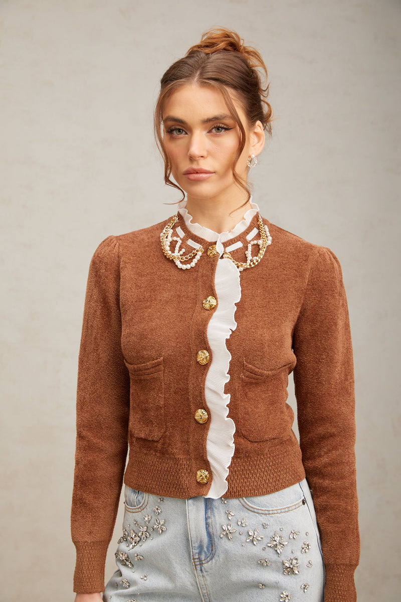 Elisabetta brown embellished ruffled knit cardigan