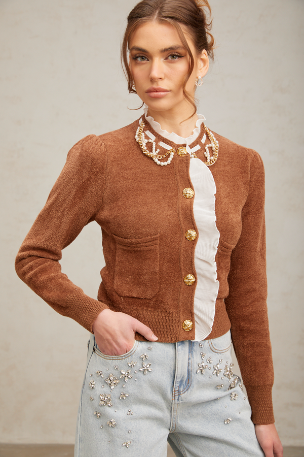 Elisabetta brown embellished ruffled knit cardigan