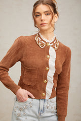 Elisabetta brown embellished ruffled knit cardigan