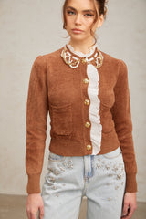 Elisabetta brown embellished ruffled knit cardigan