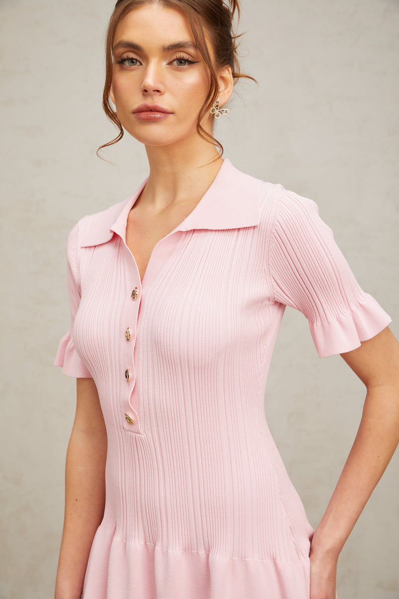 Nolwenn pink flared fine-knit mini dress