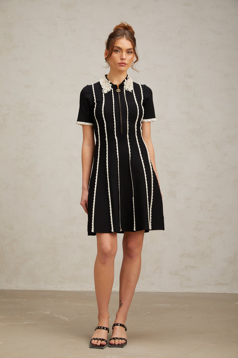 Zazie black vertical-striped ruffle-trim knit mini dress