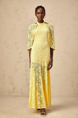 Ursula yellow cape-design chantilly-lace maxi dress