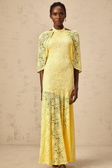 Ursula yellow cape-design chantilly-lace maxi dress