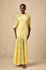 Ursula yellow cape-design chantilly-lace maxi dress