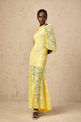 Ursula yellow cape-design chantilly-lace maxi dress