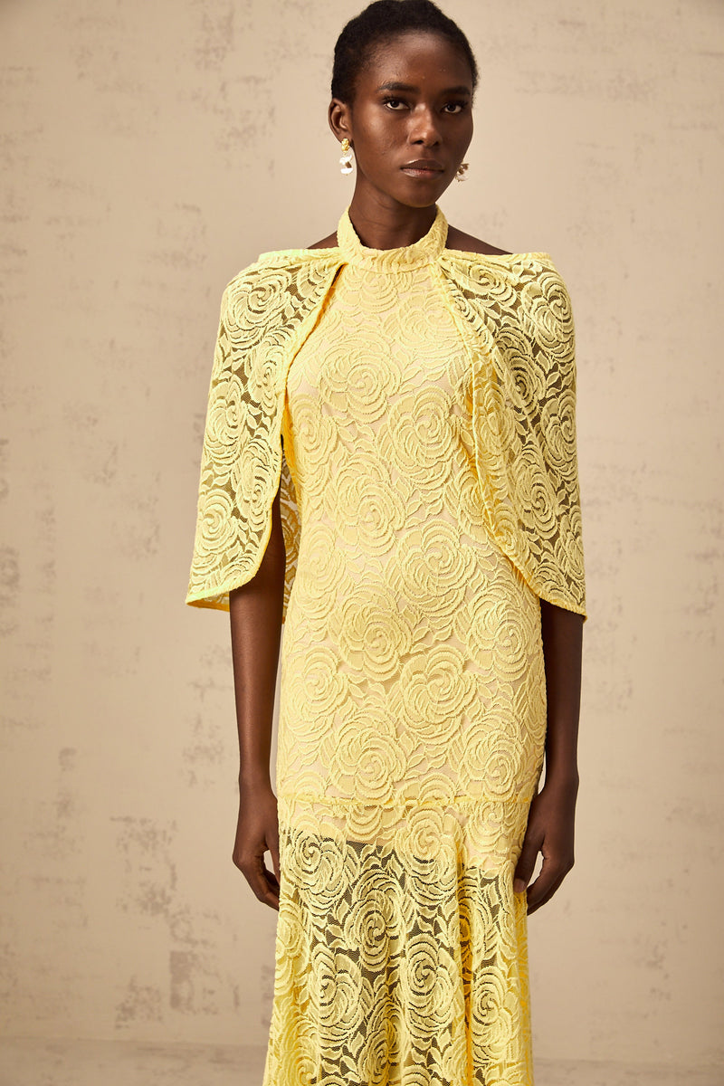 Ursula yellow cape-design chantilly-lace maxi dress