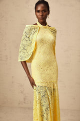 Ursula yellow cape-design chantilly-lace maxi dress