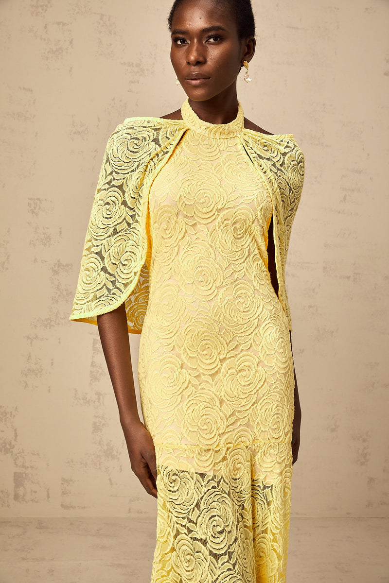 Ursula yellow cape-design chantilly-lace maxi dress