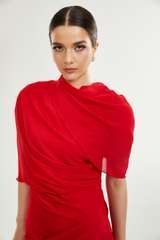 CLARABELLE RUCHED DRAPED MINI DRESS IN RED