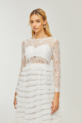 LACE LAYERED HIGH-WAISTED MIDI DRESS IN WHITE