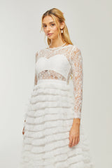 LACE LAYERED HIGH-WAISTED MIDI DRESS IN WHITE