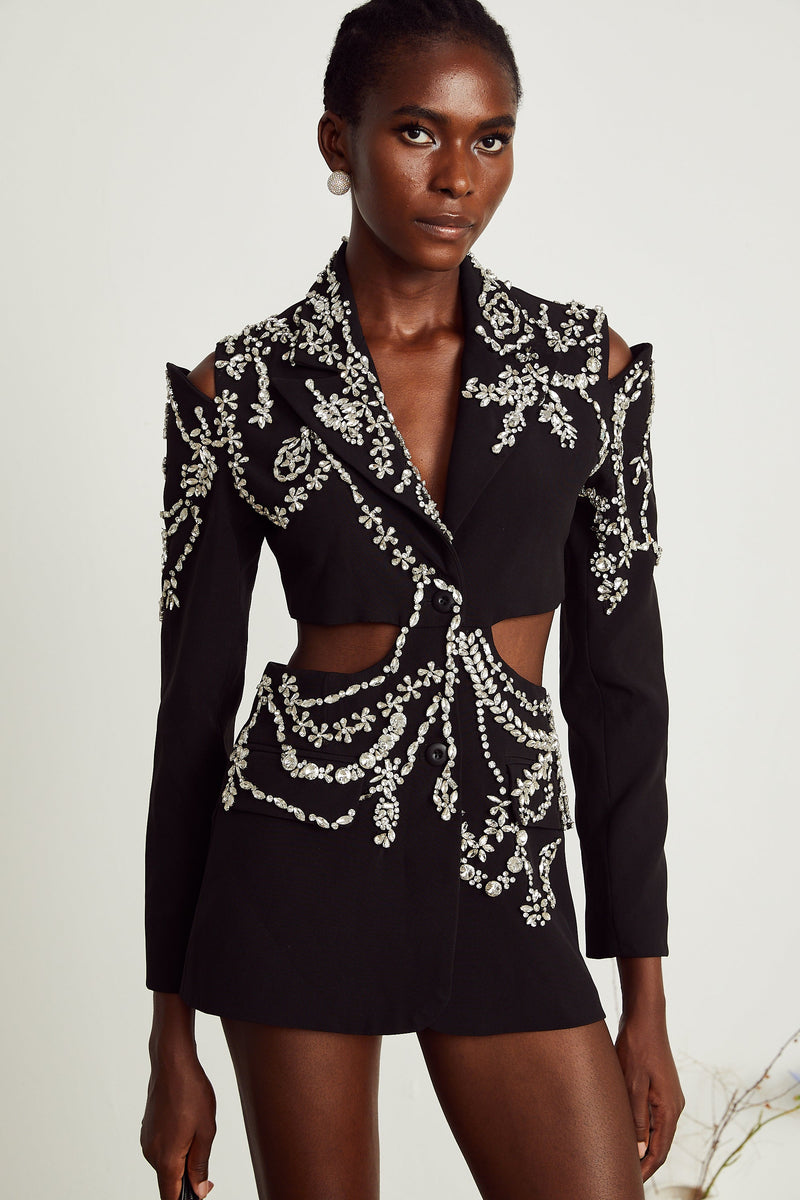 Audrey black crystal-embellished cut-out jacket dress