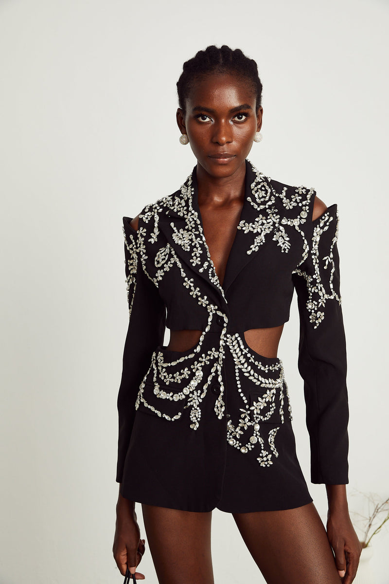 Audrey black crystal-embellished cut-out jacket dress