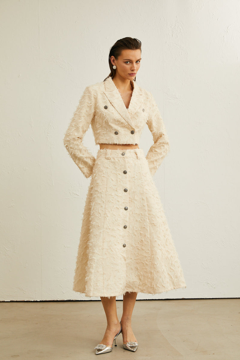 Karine white fringed jacket & skirt matching set